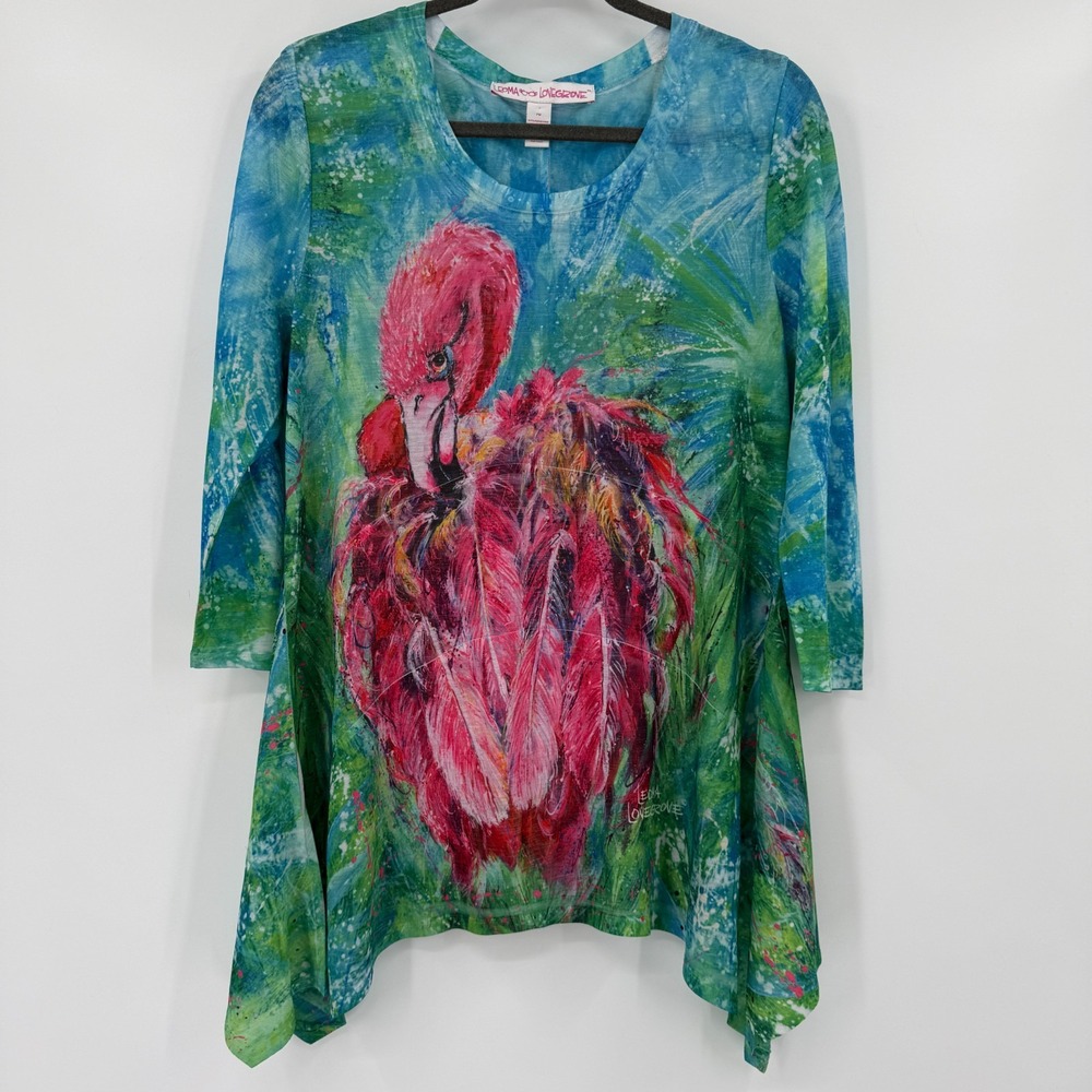 Leoma Lovegrove Womens Flamingo Art Tunic Top Size PM 3/4 Sleeve Resort Artsy